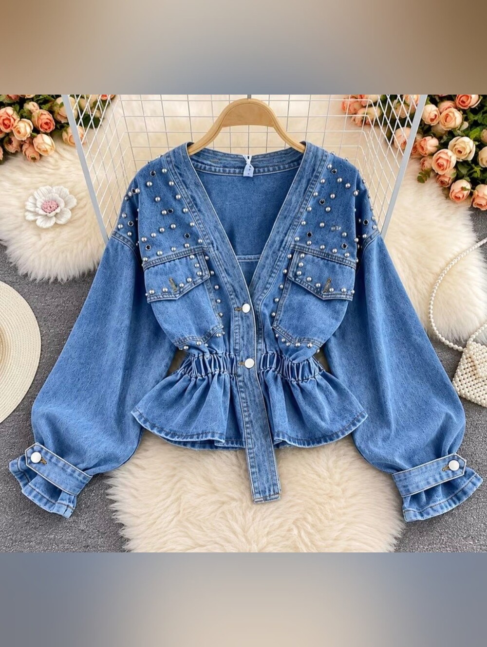 Women's Rhinestone& Stud Embellished V-Neck Button-Up Denim Jacket- Long-Sleeve